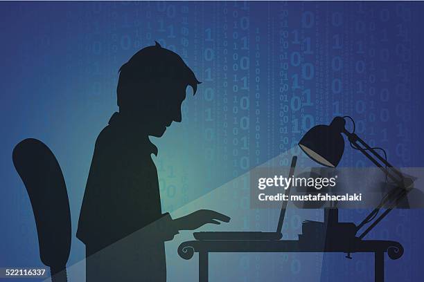 illustrazioni stock, clip art, cartoni animati e icone di tendenza di uomo utilizzando un computer in camera oscura con i numeri digitali - person on computer in dark room