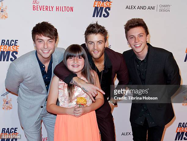 Wesley Stromberg, Keaton Stromberg and Drew Chadwick of Emblem3 and a contestant winner attend the 23rd annual Race to Erase MS Gala at The Beverly...