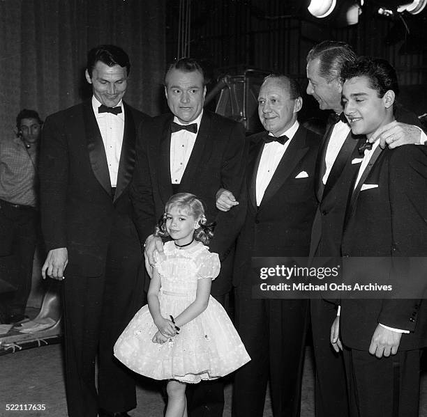 Actress Evelyn Rudie poses with Jack Palance, Red Skelton, Jack Benny, Robert Young and Sal Mineo during the Emmy Nominations in Los Angeles,CA.