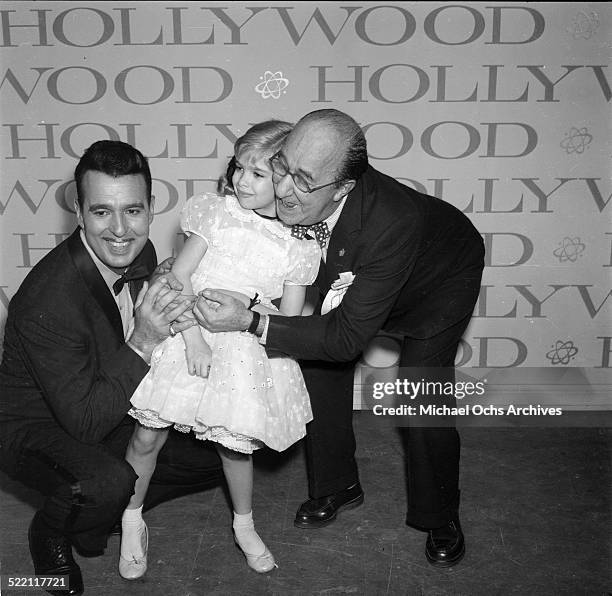 Actress Evelyn Rudie poses with Ernie Ford and Ed Wynn during the Emmy Nominations in Los Angeles,CA.