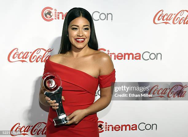 Actress Gina Rodriguez, recipient of the Female Star of Tomorrow Award, attends the CinemaCon Big Screen Achievement Awards brought to you by the...