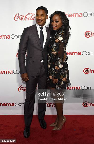 Director Nate Parker , recipient of the Breakthrough Director of the Year Award, and actress Aja Naomi King attend the CinemaCon Big Screen...