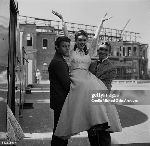 Actress Jill St. John poses on set with actors David Nelson and Ray Stricklyn in Los Angeles,CA.