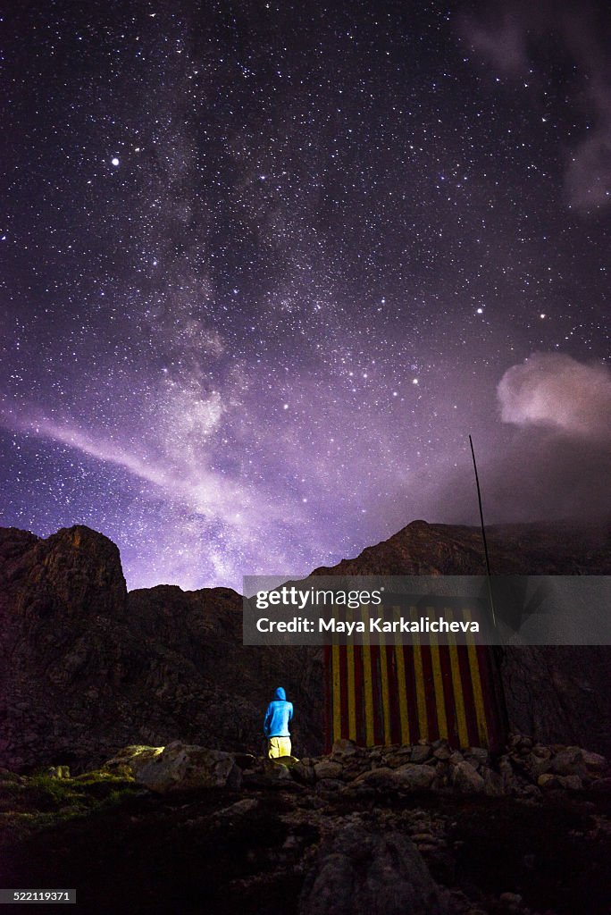 Man observing Milky Way in Pirin mountain