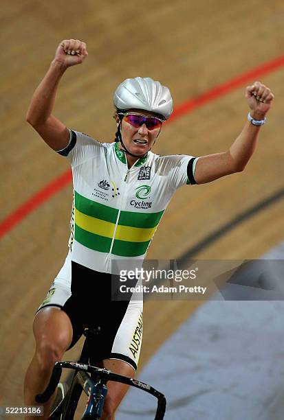 Rochelle Gilmore of Australia celebrates victory during day one of the UCI Track Cycling World Cup at the Dunc Gray Veledrome February 18, 2005 in...