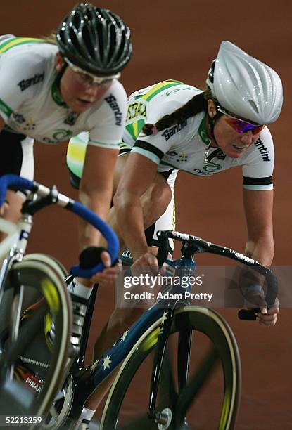 Rochelle Gilmore of Australia on her way to victory alongside compatriot Belinda Goss during day one of the UCI Track Cycling World Cup at the Dunc...