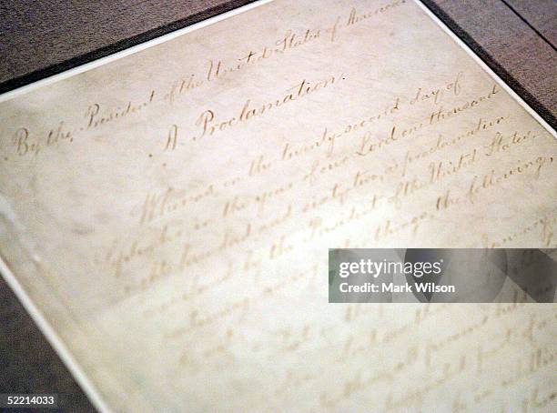 President Abraham Lincoln's Emancipation Proclamation is shown at the National Archives Building February 18, 2005 in Washington, DC. The document...