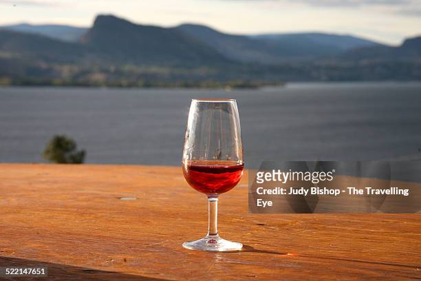 glass of rose wine overlooking okanagan lake - okanagan valley - fotografias e filmes do acervo