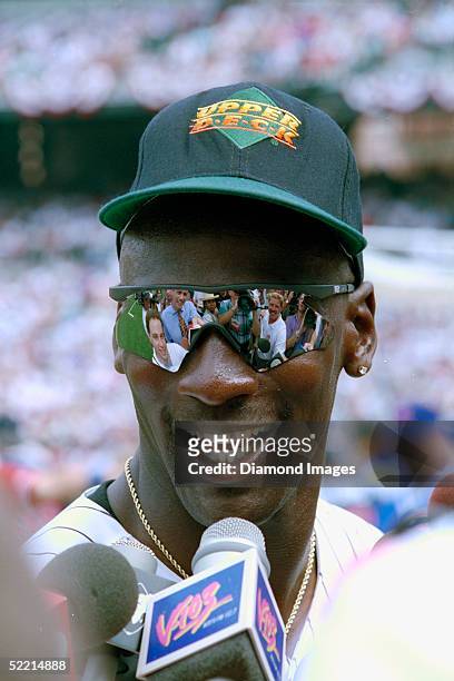 Former NBA basketball player Michael Jordan who is currently signed to the minor leagues for the Chicago White Sox, speaks to the press prior to the...