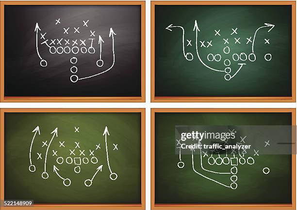 football play drawn out on a chalk board - football game plan stock illustrations