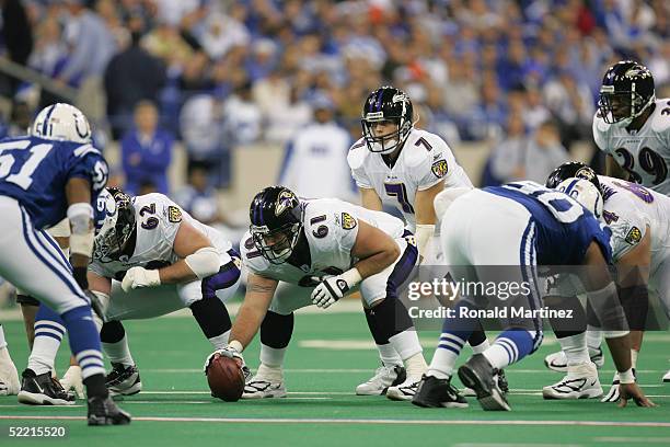 Quarterback Kyle Boller of the Baltimore Ravens call out before the snap from behind center Casey Rabach against the Indianapolis Colts on December...