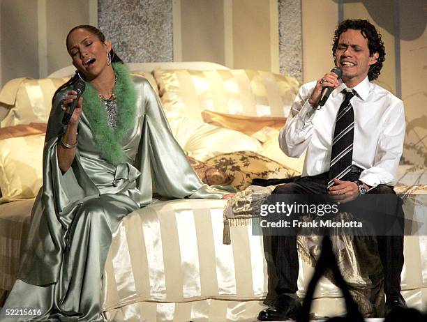 Singer Jennifer Lopez and Marc Anthony perform onstage during the 47th Annual Grammy Awards at the Staples Center February 13, 2005 in Los Angeles,...