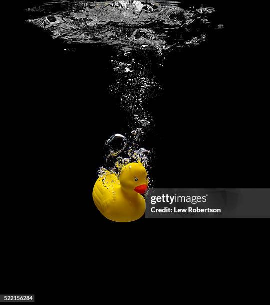 rubber duck sinking in water - sinking stockfoto's en -beelden