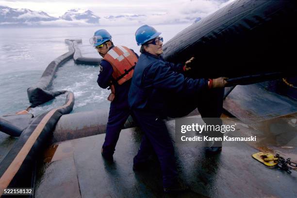 prince william sound oil spill drill - containment boom stock pictures, royalty-free photos & images