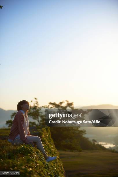 young japanese woman sitting on grass in the countryside - asago stock-fotos und bilder