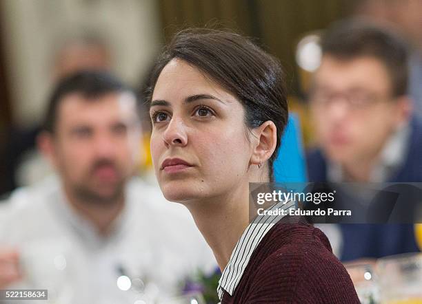 Ramon Espinar, Rita Maestre and Inigo Errejon attend 'Desayunos con Europa Press. Manuela Carmena' at Intercontinental hotel on April 18, 2016 in...