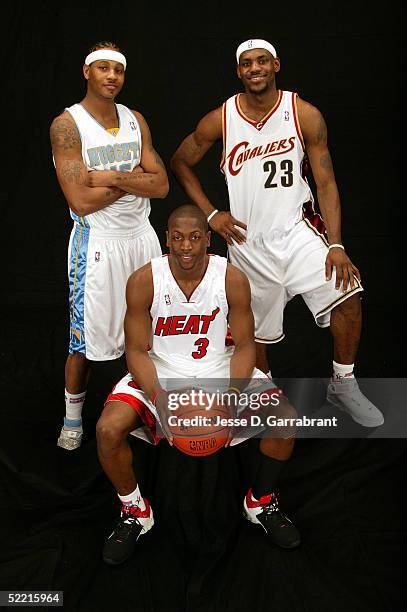 Carmelo Anthony, LeBron James, and Dwyane Wade of the Sophomore Team pose for a portrait prior to the got milk? Rookie Challenge during 2005 NBA...