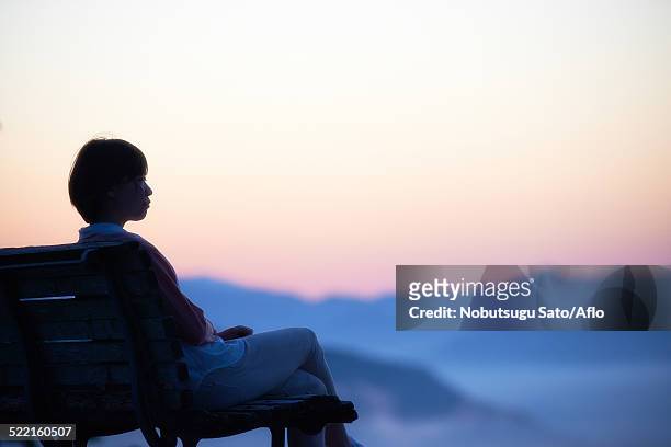 young japanese woman sitting on a bench in the countryside - asago stock-fotos und bilder
