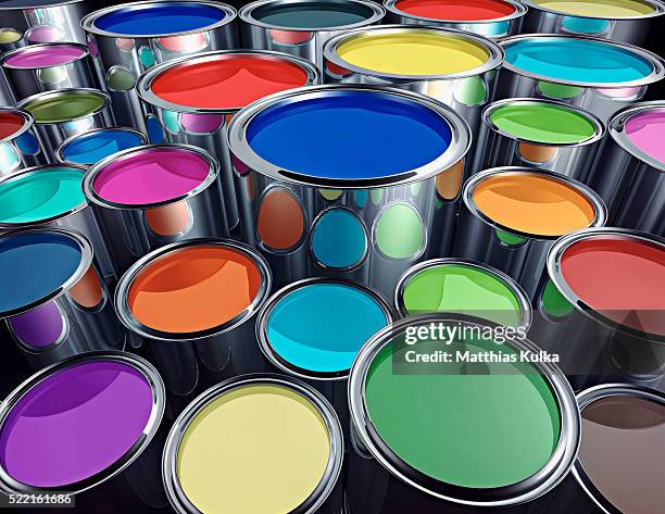 assortment of colorful paint cans - ペンキ缶 ストックフォトと画像