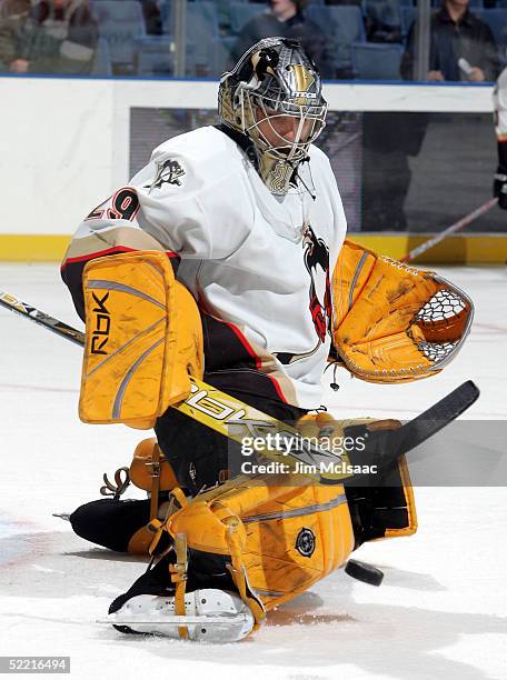 Goalie Marc-Andre Fleury of the Wilkes-Barre/Scranton Penguins makes a save during warmups before the game against the Bridgeport Sound Tigers on...