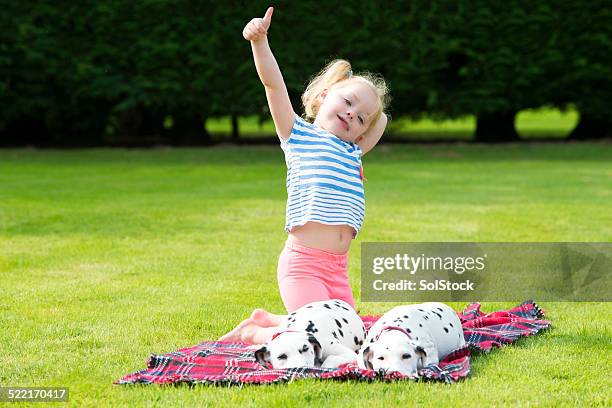 dalmatians lying down with little girl - dog looking down stock pictures, royalty-free photos & images