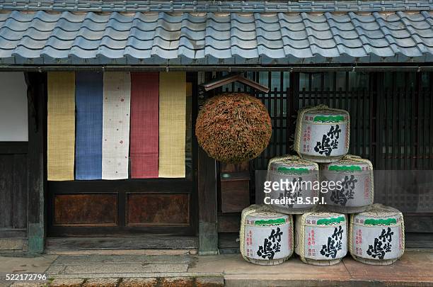 traditional sake brewery shop in makino town on lake biwa, japan - saké bildbanksfoton och bilder