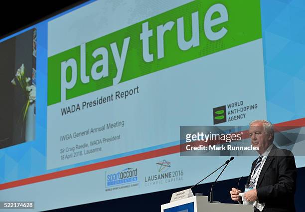 Craig Reedie WADA President speaks to delegates at the IWGA Council meeting during the second day of the SportAccord Convention at the SwissTech...