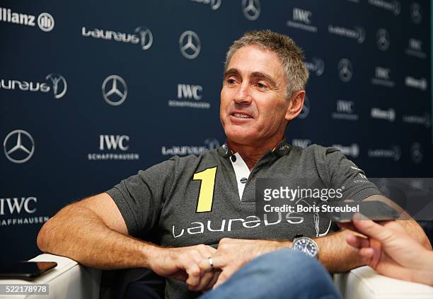 Laureus World Sports Academy member Mick Doohan is interviewed prior to the 2016 Laureus World Sports Awards at Messe Berlin on April 18, 2016 in...