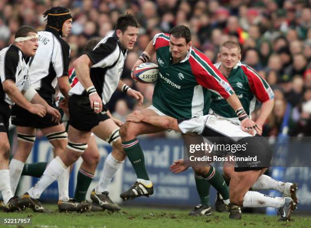 Martin Johnson of Leicester Tigers charge through the Newcastle defence during the Zurich Premiership match between Leicester Tigers and Newcastle...