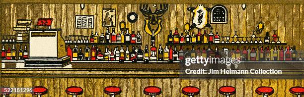 Matchbook image of long bar counter with red barstools, cash register, bottles lined up, and moose or deer head on wall.