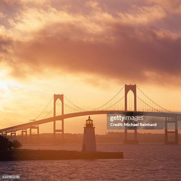 newport lighthouse & bridge - rhode island bridge stock pictures, royalty-free photos & images