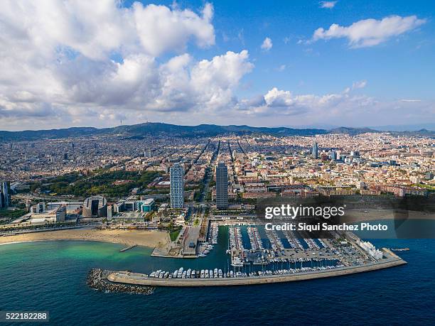aerial view of port olimpic, barcelona, spain - barcelona aerial stock pictures, royalty-free photos & images