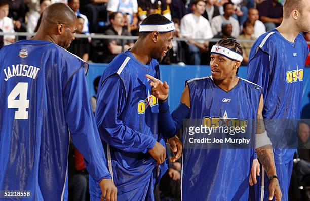 Allen Iverson of the Philadelphia 76ers laughs with Lebron James of the Cleveland Cavaliers during the East All-Stars practice at Jam Session on...