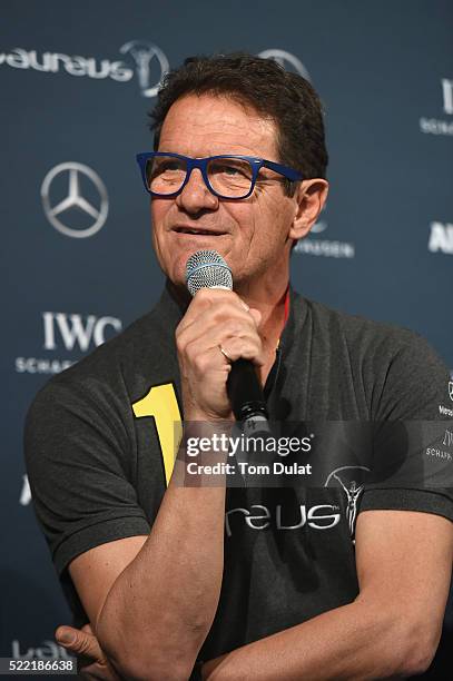 Laureus World Sports Ambassador Fabio Capello speaks during the Football press conference prior to the 2016 Laureus World Sports Awards at Messe...