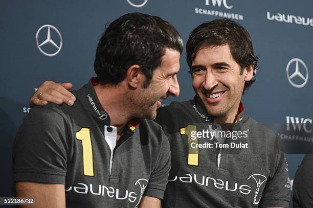 Laureus World Sports Academy members Raul and Luis Figo share a joke during the Football press conference prior to the 2016 Laureus World Sports...