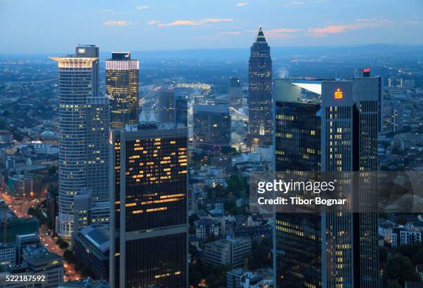 frankfurt am main, business district, aerial view - skyline stock-fotos und bilder