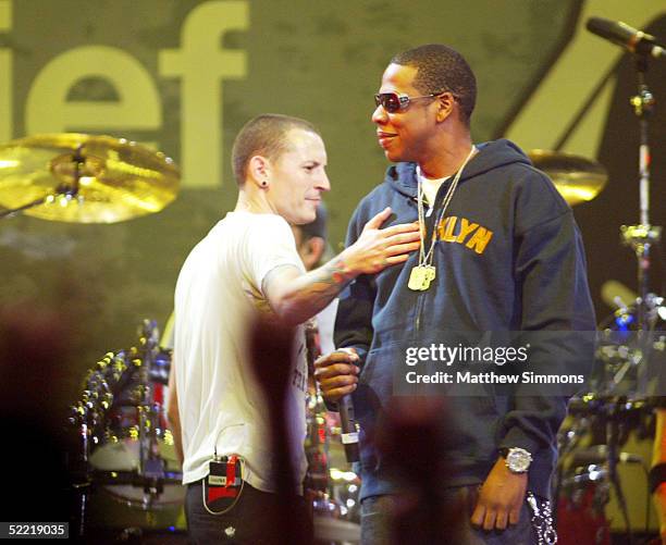 Chester Bennington of Linkin Park and Jay-Z perform during the "Music for Relief" tsunami benefit concert at the Anaheim Pond on February 18, 2005 in...