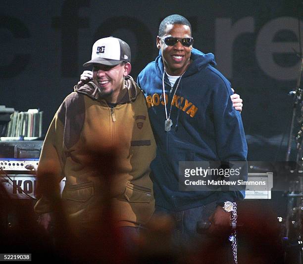 Mike Shinoda of Linkin Park and Jay-Z perform during the "Music for Relief" tsunami benefit concert at the Anaheim Pond on February 18, 2005 in...
