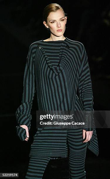 Model walks down the runway at Paolo Errico - N.u.de fashion show as part of Milan Fashion Week Autumn/Winter 2005/06 at Fiera di Milano on February...