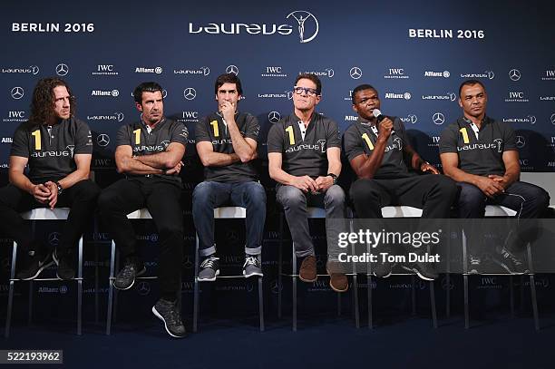 Laureus World Sports Academy members Carles Puyol,Luis Figo,Raul with Laureus Ambassador Fabio Capello and Laureus World Sports Academy members...