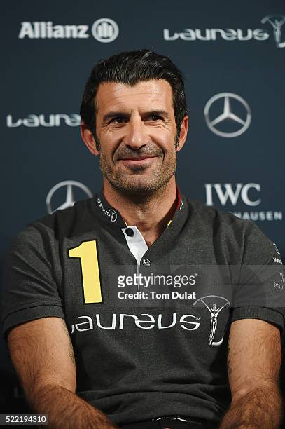 Laureus World Sports Academy member Luis Figo looks on during the Football press conference prior to the 2016 Laureus World Sports Awards at Messe...