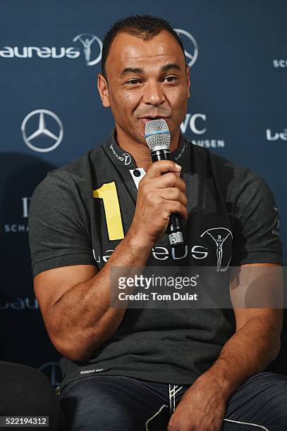 Laureus World Sports Academy member Cafu speaks during the Football press conference prior to the 2016 Laureus World Sports Awards at Messe Berlin on...