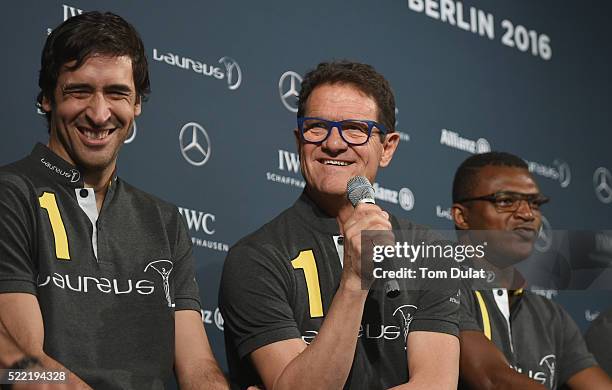 Laureus World Sports Ambassador Fabio Capello speaks during the Football press conference prior to the 2016 Laureus World Sports Awards at Messe...