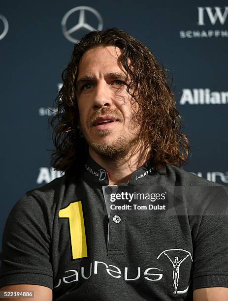 Laureus World Sports Academy member Carles Puyol looks on during the Football press conference prior to the 2016 Laureus World Sports Awards at Messe...