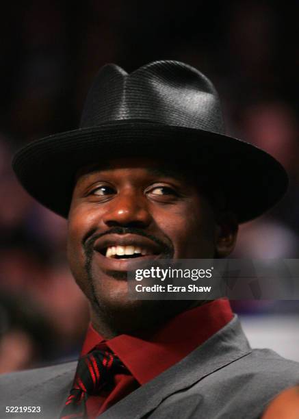 Shaquille O'Neal of the Miami Heat watches the Foot Locker Three-Point Shootout, part of 2005 NBA All-Star Weekend at Pepsi Center on February 19,...