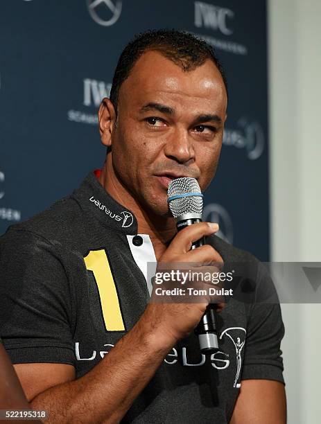 Laureus World Sports Academy member Cafu speaks during the Football press conference prior to the 2016 Laureus World Sports Awards at Messe Berlin on...