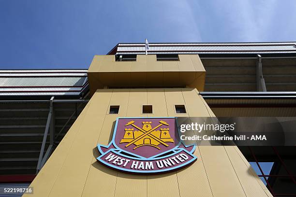 General view of the West Ham Club badge on the outside of the stadium before the Emirates FA Cup Sixth Round Replay match between West Ham United and...