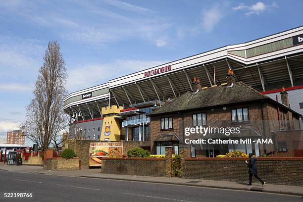 General view of the outside of the stadium behind some houses before the Emirates FA Cup Sixth Round Replay match between West Ham United and...