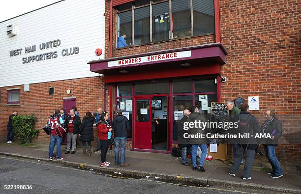 The West Ham United supporters club before the Emirates FA Cup Sixth Round Replay match between West Ham United and Manchester United at Boleyn...