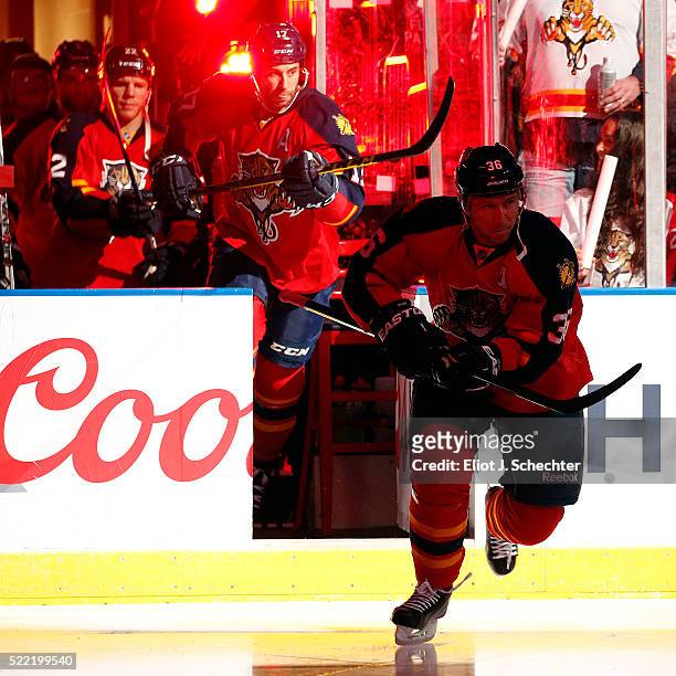 Jussi Jokinen of the Florida Panthers skates the ice prior to the start of action against the New York Islanders in Game One of the Eastern...